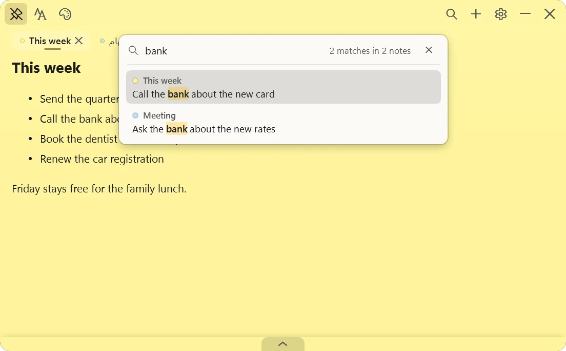 Qirtas search open over a yellow note: typing “bank” finds 2 matches in 2 notes, This week and Meeting.